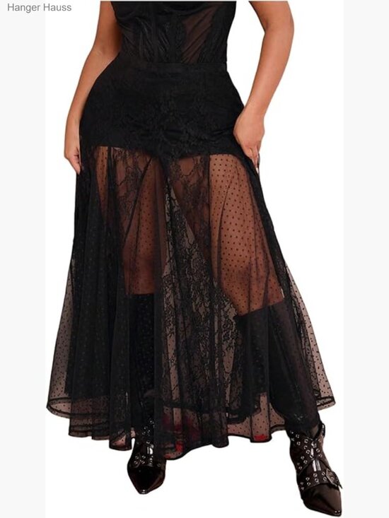 Dresses & Skirts - Plus Size Lace Mesh Sheer Maxi Skirt Flowy High Waisted Tulle